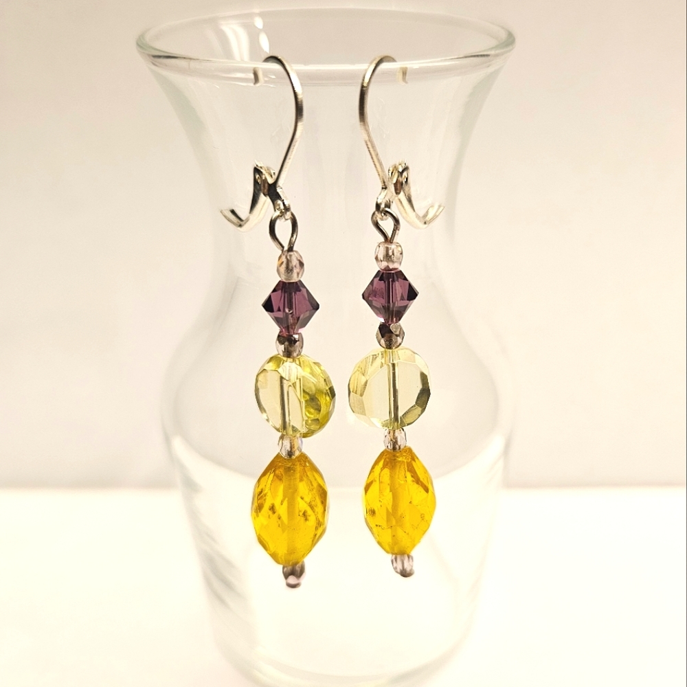 Yellow, Green and Purple Beaded Glass Earrings